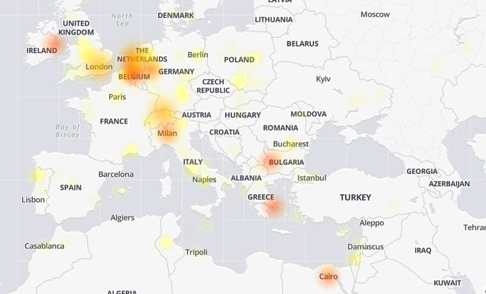 Карта сбоя работы Facebook. Фото: Downdetector