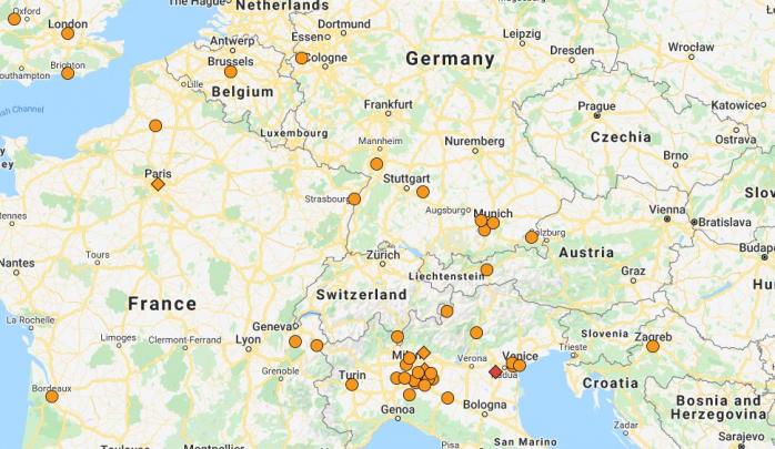 Коронавірус в Європі: спалах у Німеччині і нові смерті в Італії, скріншот онлайн-карти