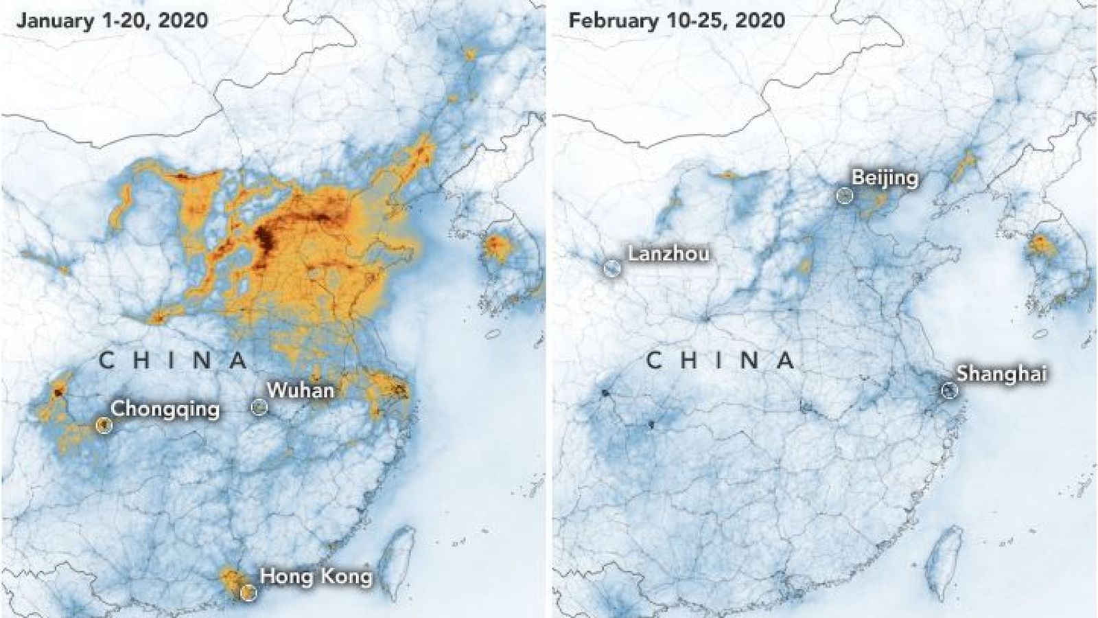 В Китае резко сократились опасные выбросы в атмосферу. Карта: NASA