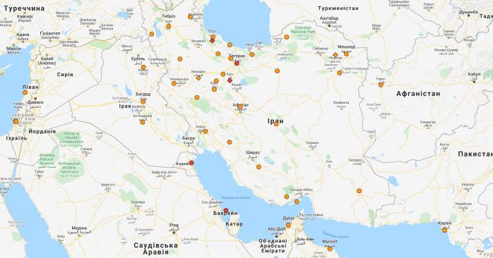 Жертвою коронавірусу в Ірані помер перший високопосадовець. Карта: google.com/maps