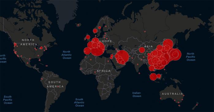 Коронавірус шириться світом. Карта: Global Cases by Johns Hopkins CSSE