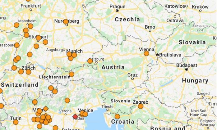 Все пятеро зараженных коронавирусом в Чехии вернулись из Италии, о новых случаях объявили Хорватия и Грузия, скриншот онлайн-карты