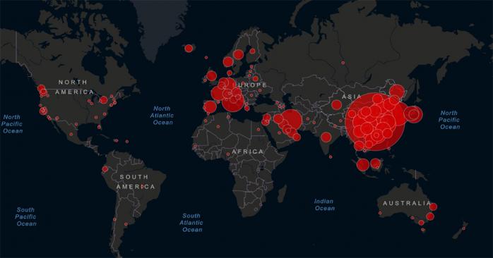 Коронавірус розповсюджується по світу. Карта: Global Cases by Johns Hopkins CSSE