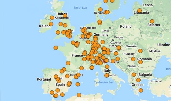 Коронавирус в Европе: первый больной умер в Британии, увеличилось количество инфицированных в Италии и Испании, скриншот карты