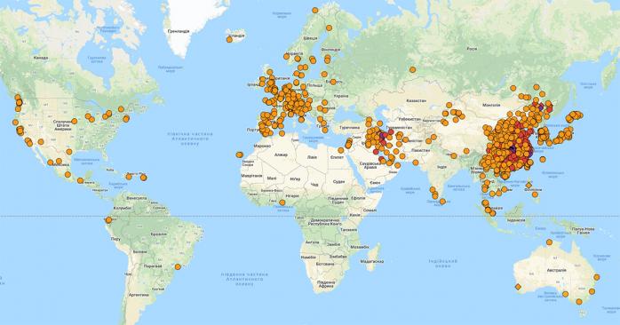 Число заражених коронавірусом зросло до 106 тис. осіб. Карта: google.com/maps