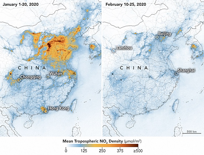 Концентрация диоксида азота в тропосфере над территорией Китая в январе и в феврале. Фото: N+1