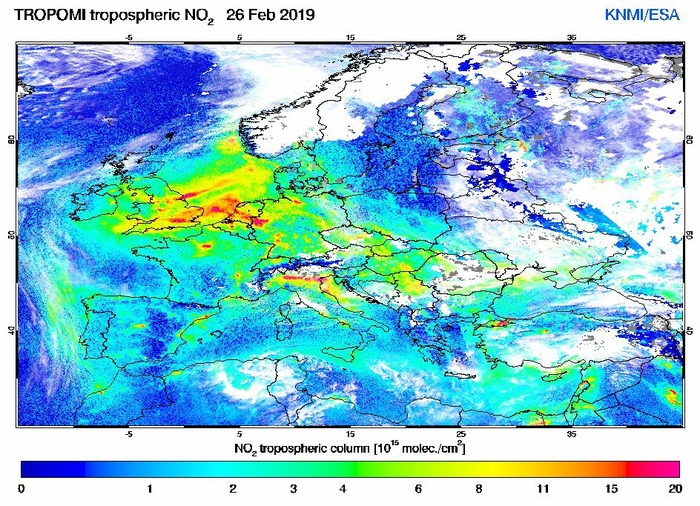 Концентрация диоксида азота в тропосфере над Европой в феврале 2019 года. Фото: N+1