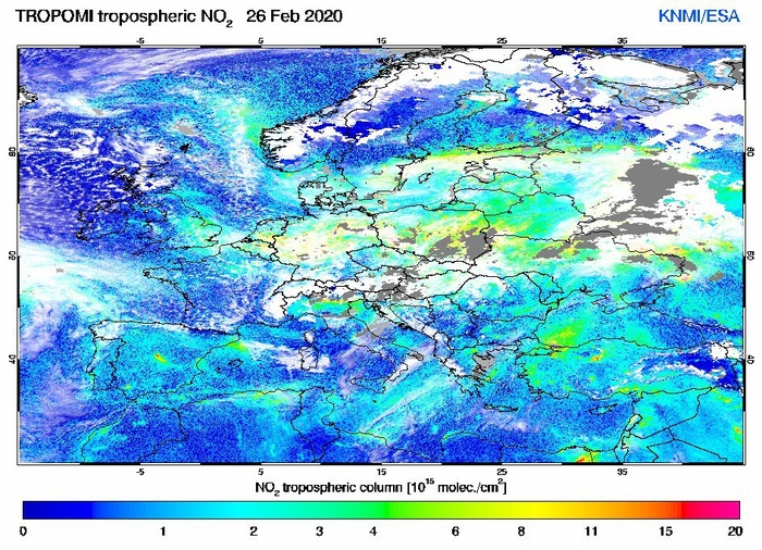 Концентрация диоксида азота в тропосфере над Европой в феврале 2020 года. Фото: N+1