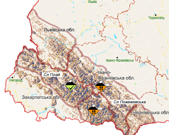Снеголавинная опасность в Карпатах. Карта: Гидрометцентр