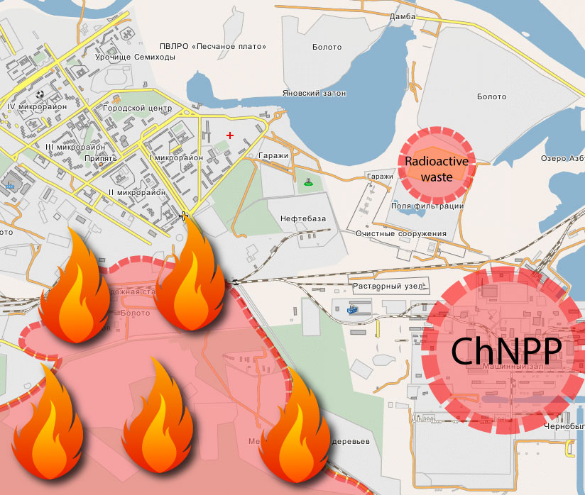 Пожежа у Чорнобилі дісталася Прип'яті. Карта: Ярослав Ємельяненко