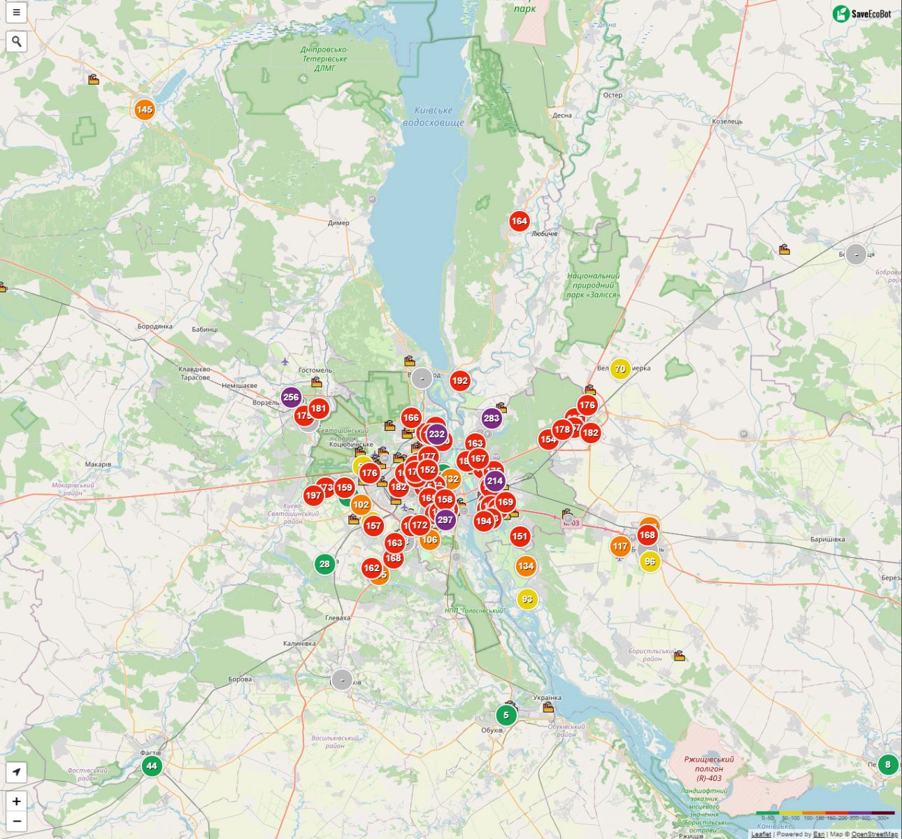 У Києві в повітрі виявили продукти горіння. Карта: saveecobot.com