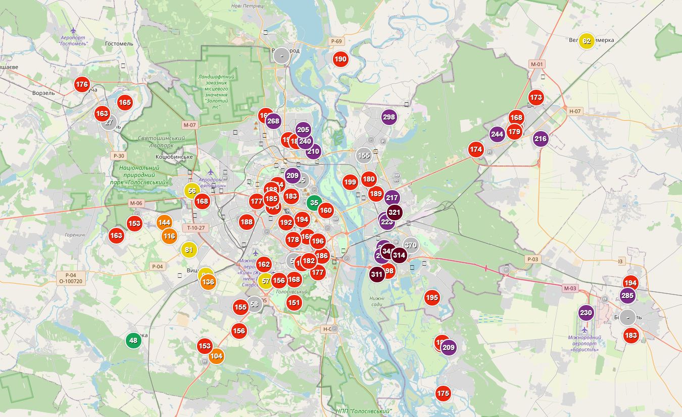 Загрязненность воздуха в Киеве по состоянию на утро 17 апреля, скриншот saveecobot