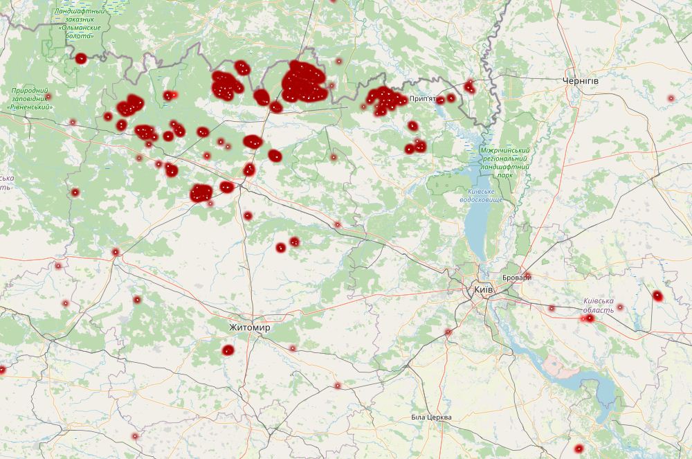 Карта пожеж поблизу Києва 18 квітня, фото — fires.globalforestwatch.org
