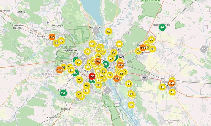 Карта загрязнения воздуха в Киеве: Saveecobot
