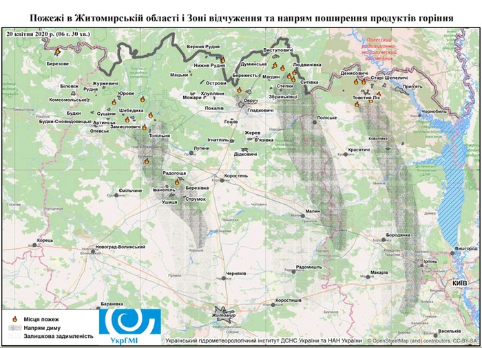 Карта пожаров в Житомирской области и Чернобыльской зоне. Фото: ГСЧС