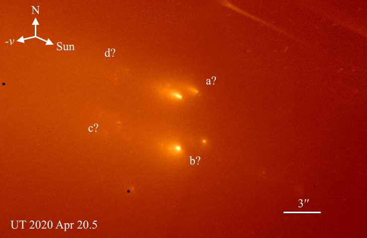 На снимке видно, что ядро кометы распалось как минимум на четыре фрагмента. Фото: University of Maryland