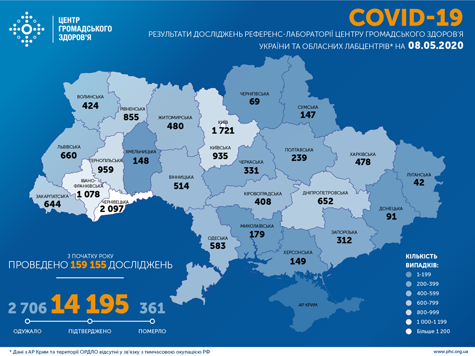 Статистика коронавируса по состоянию на 8 мая, карта — МОЗ
