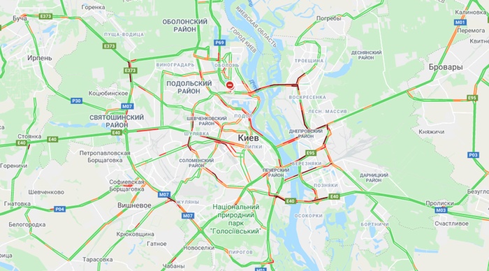 У п'ятницю вранці Київ скували пробки. Фото: Google maps