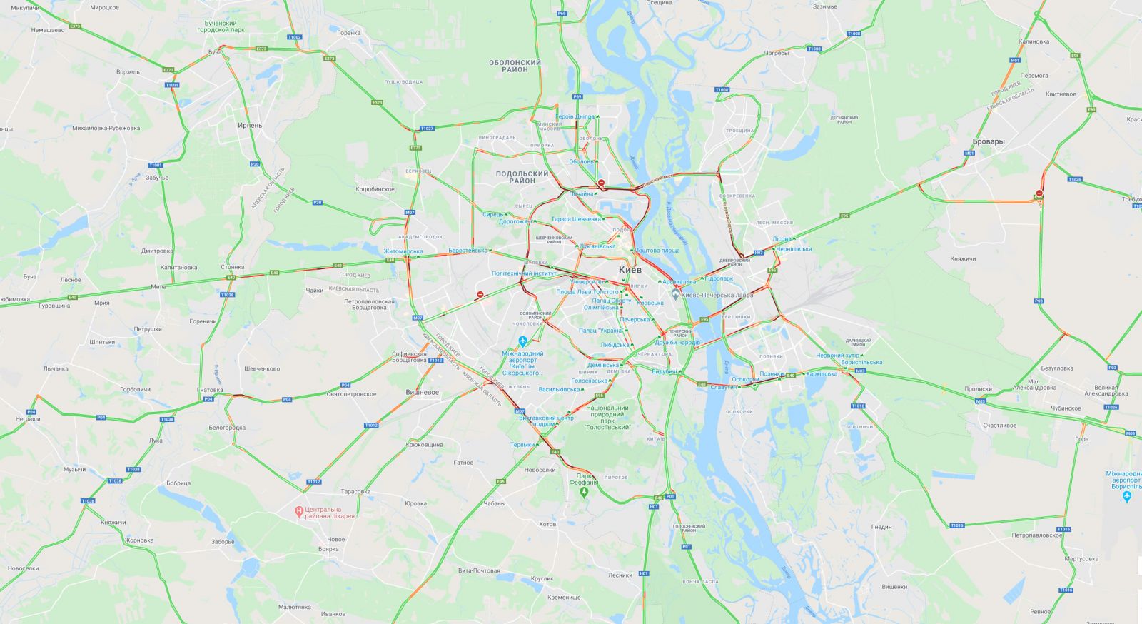Київ знову зупинився у заторах. Карта: Google Maps