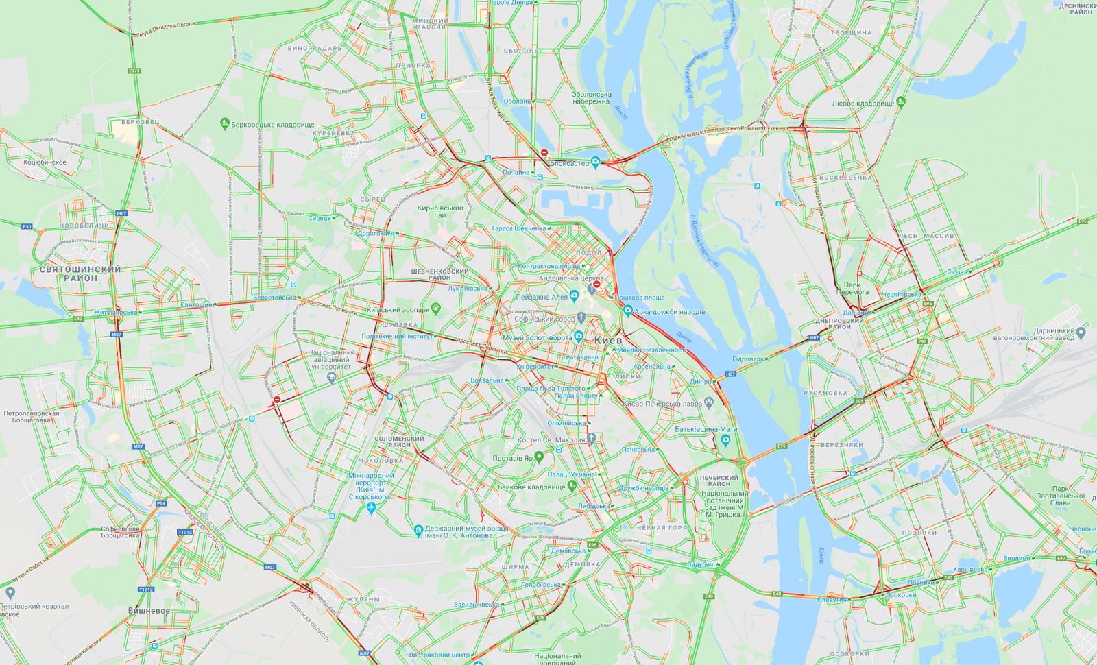 Киев снова остановился в пробках. Карта: Google Maps