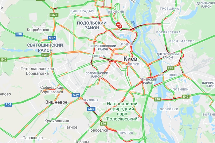 Київ з ранку паралізований масштабними заторами. Карта: Google Maps