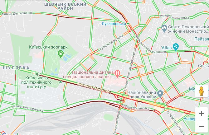  Колапс на дорогах у Києві: від ранку неможливо переїхати мости, карта — Google