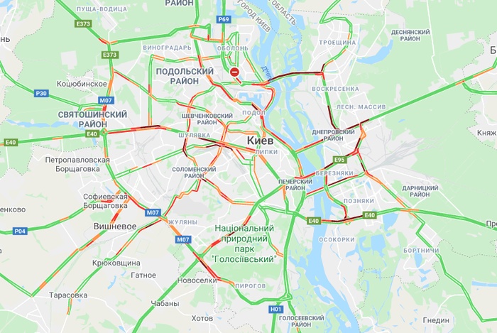 Затори в Києві. Карта Google Maps