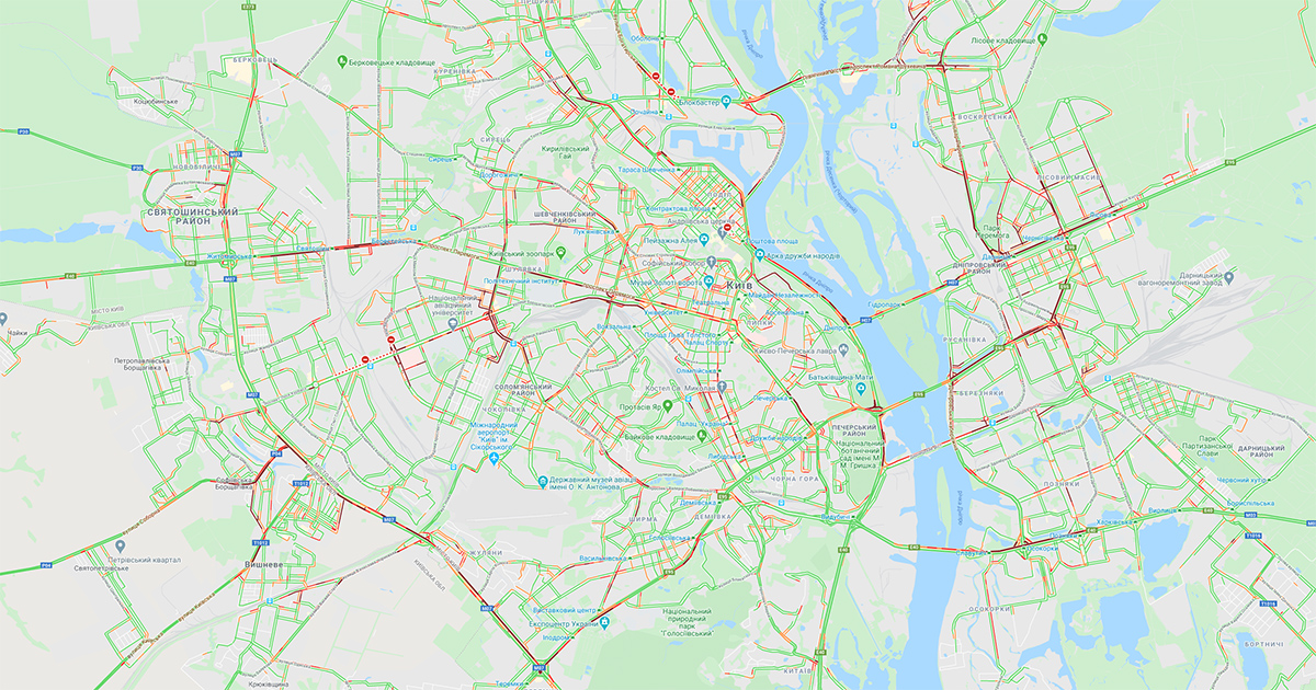 Киев снова остановился в пробках. Карта: Google Maps