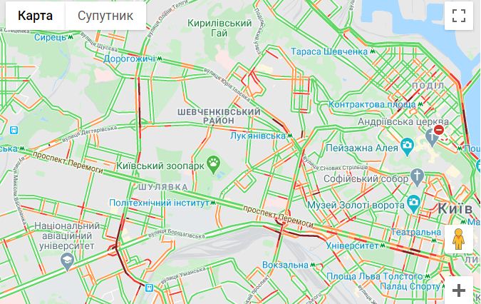 Київ зупинили масштабні ранкові затори, карта — Google