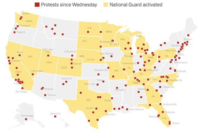Карта протестов в США. Желтым отмечены штаты, в которых была активирована Нацгвардия