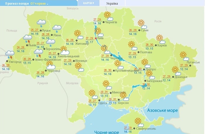 Погода в Україні на 7 червня. Карта: Гідрометцентр