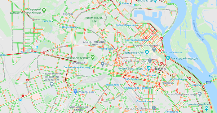 Пробки на дорогах Киева. Фото: Google Maps