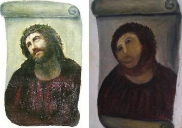 Ecce Homo (ліворуч) та невдала реставрація «Пухнастий Ісус» (праворуч), фото: «Вікіпедія»