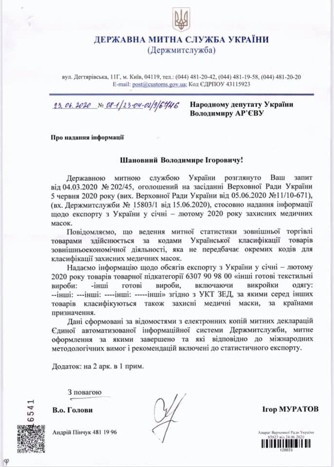 Відповідь Державно митної служби на запит, документ: Володимир Ар'єв