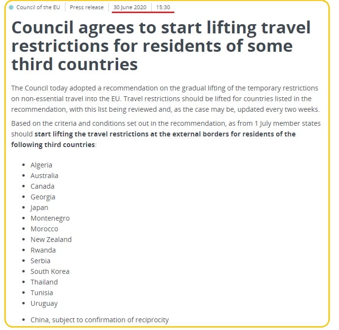 Скріншот переліку «в'їзних» країн до ЄС