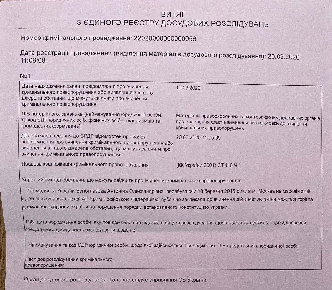 Документ досудового слідства щодо Бєлоглазової, фото: Сергій Стерненко