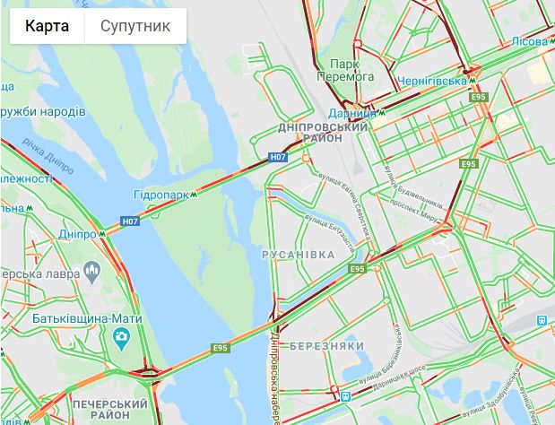 Затори у Києві 6 липня, карта — Google 