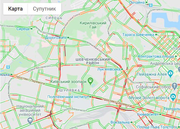 Затори у Києві 6 липня, карта — Google 