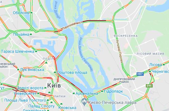 Пробки в Киеве — где в столице трудно проехать, фото — Google
