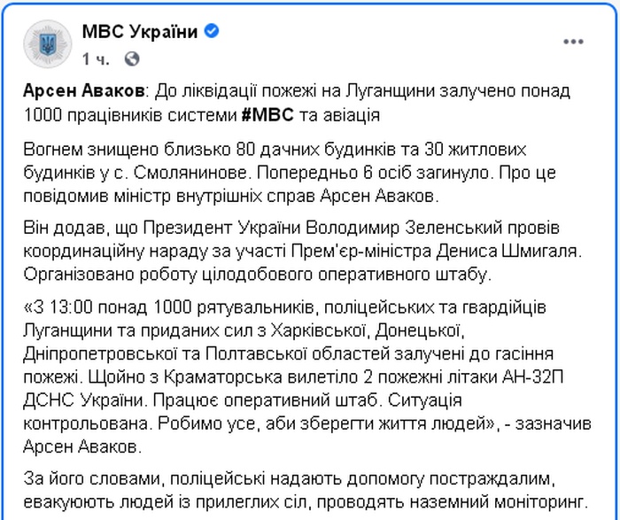 Скриншот поста пресс-службы МВД в Facebook
