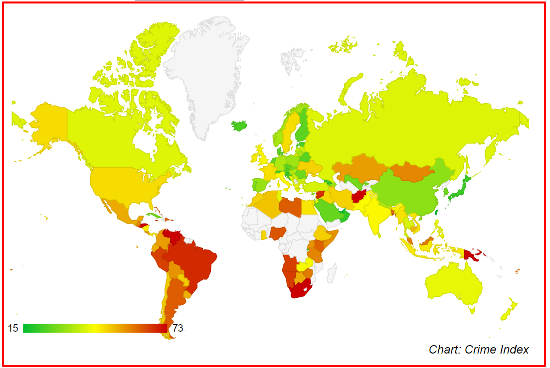 Рейтинг опасных стран. Карта: numbeo.com
