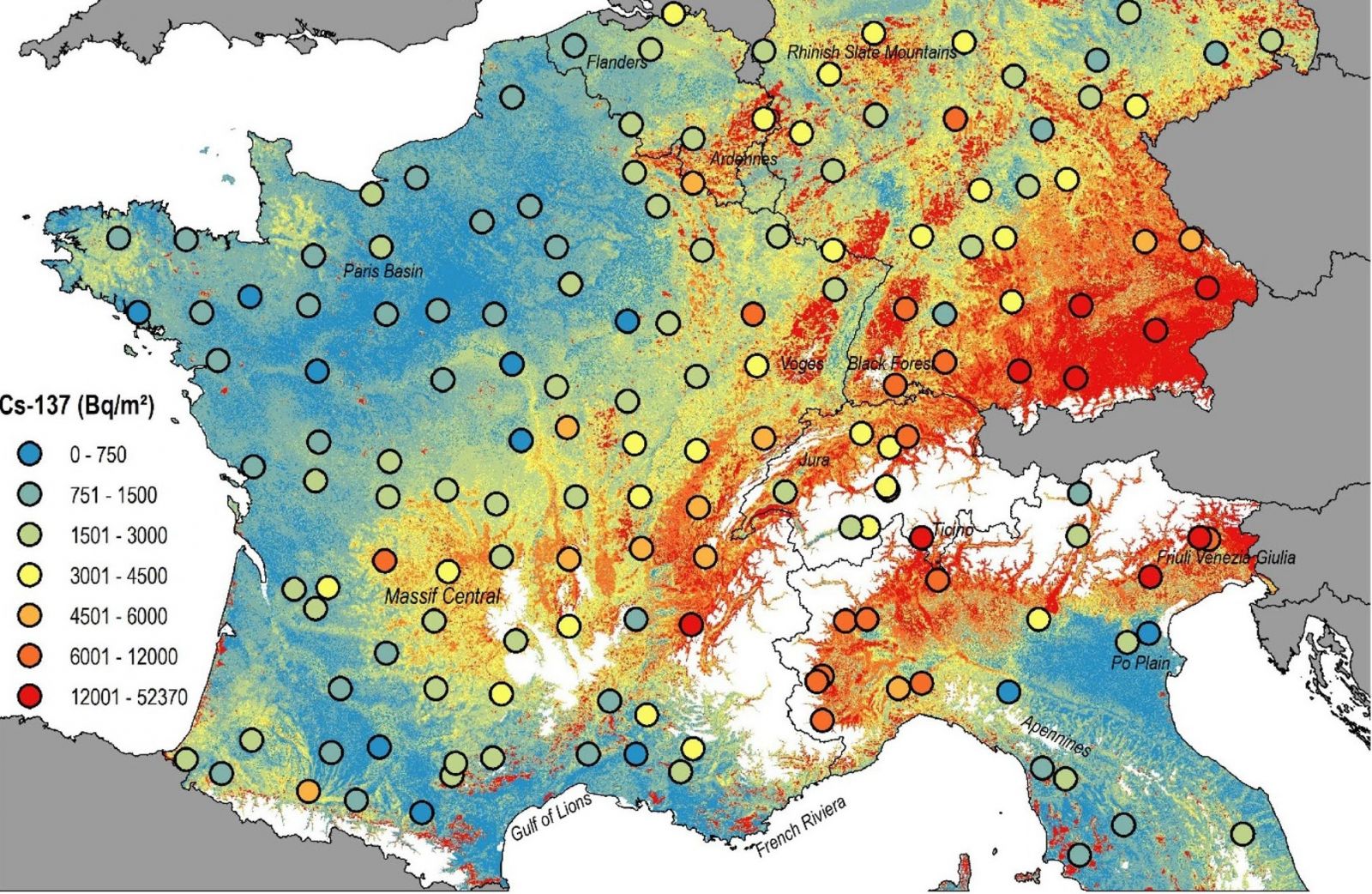 Карта радіаційного забруднення Європи. Фото: Scientific Reports