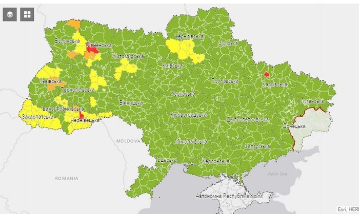 Скриншот карты карантинных зон Украины