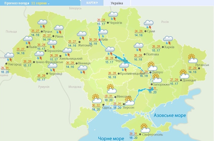 Погода в Україні на 11 серпня. Карта: Гідрометцентр