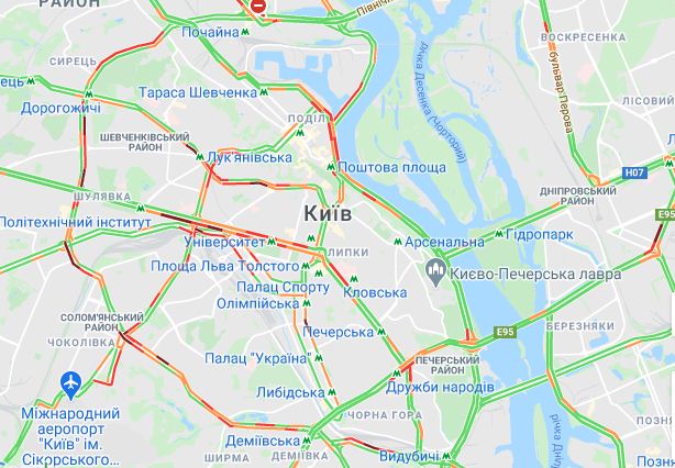Киев выехал из выходных в утренние пробки, фото — Google maps