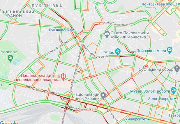 Киев выехал из выходных в утренние пробки, фото — Google maps