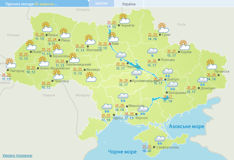 Погода в Украине на 5 сентября. Карта: Укргидрометцентр
