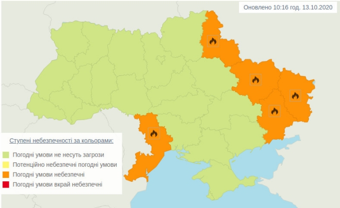 В низці регіонів України зберігається надзвичайний рівень пожежної небезпеки. Карта: Гідрометцентр