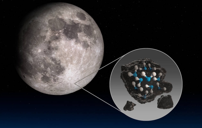Ця ілюстрація показує місячний кратер Клавіус та зображує виявлену в місячному ґрунті воду, інфографіка: NASA