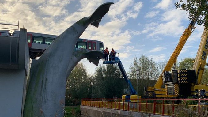 Люди прийшли подивитись, як зі скульптури китів знімають вагон метро. Фото: Rijnmond у Twitter